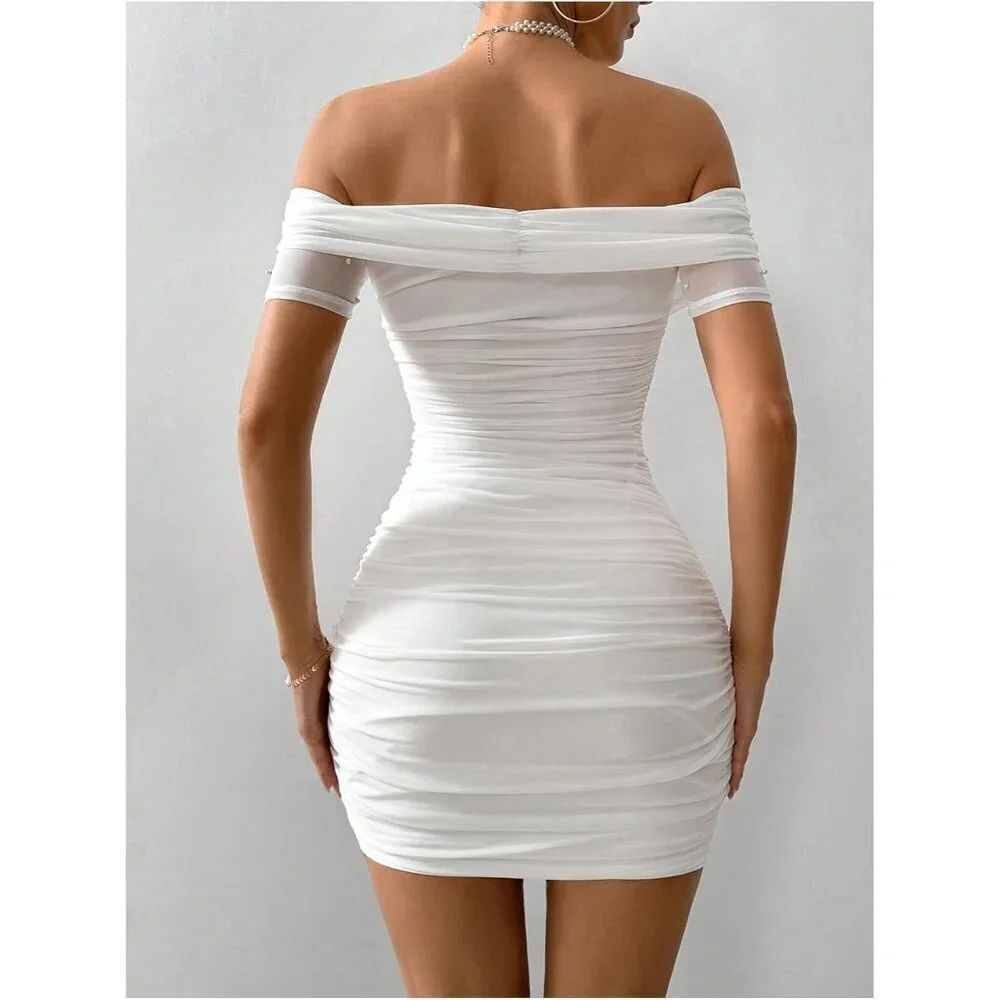 Womens Pearl Beaded Off Shoulder Short Sleeve Bodycon Party White Dress - Picture 2 of 6